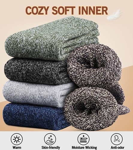 Yeblues 5 Pairs Merino Wool Socks Mens, Thick Warm Winter Socks, Hiking Socks Soft Casual Socks for Men，SIZE 6-13