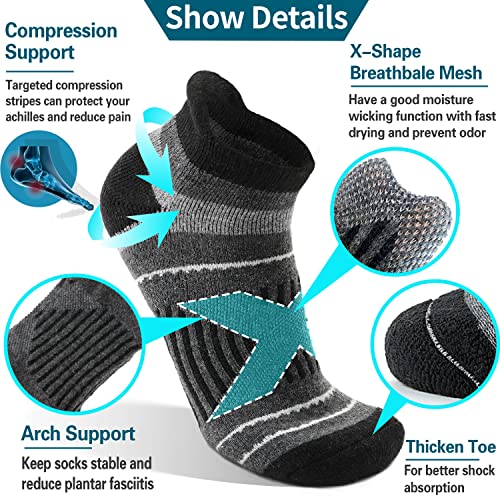 EBMORE Merino Wool Ankle Hiking Socks Compression Warm Winter Thermal Thick Cushion No Show Running Moisture Wicking Socks Gifts Stocking Stuffers for Men Women 6 Pairs(Black，L)