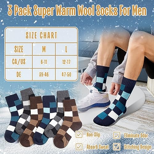 Yeblues Winter Socks Mens, Thick Warm Merino Wool Socks, Super Soft Thermal Casual Boot Socks Hiking Socks -3 Pairs (Size 12-17)