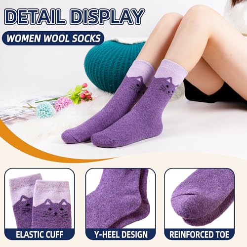 Eyean Women Wool Socks Thickened Winter Cozy Warm Hiking Soft Thermal Boot Crew Socks 5 Pairs (Cat)
