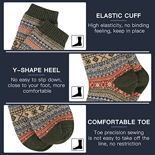 Heatuff Mens Warm Wool Socks Thermal Winter Thick Crew Pattern Socks Cold Weather 5 Pairs