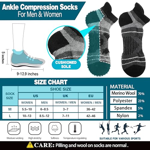 EBMORE Merino Wool Ankle Hiking Socks Compression Warm Winter Thermal Thick Cushion No Show Running Moisture Wicking Socks Gifts Stocking Stuffers for Men Women 6 Pairs(Black，L)