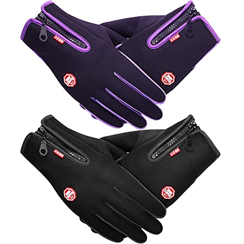 SATINIOR 2 Pairs Outdoor Winter Touchscreen Anti-Slip Full Finger Warm Gloves (Black, Purple)