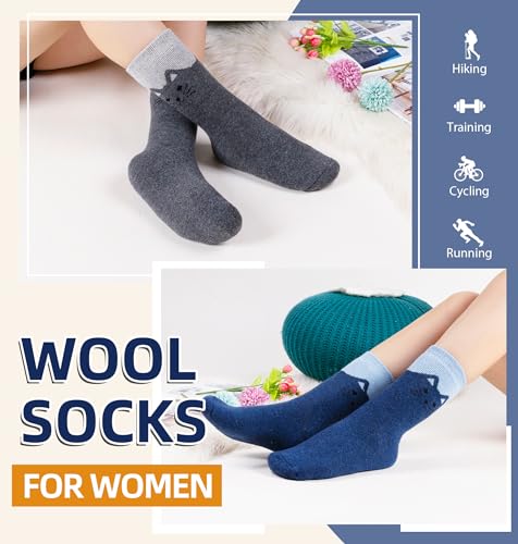 Eyean Women Wool Socks Thickened Winter Cozy Warm Hiking Soft Thermal Boot Crew Socks 5 Pairs (Cat)
