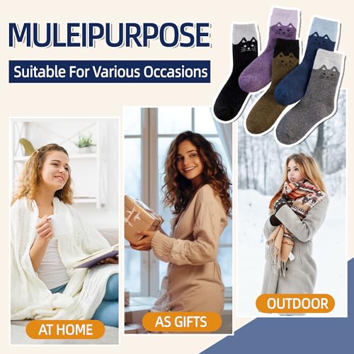 Eyean Women Wool Socks Thickened Winter Cozy Warm Hiking Soft Thermal Boot Crew Socks 5 Pairs (Cat)