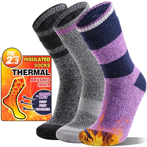 MOGGEI Heated Thermal Socks for Women Men Warm Winter Thick Insulated Ski Boot Gift Socks Stocking Stuffers for Women 3 Pairs(Purple Grey,M)