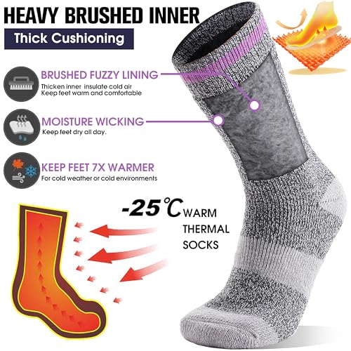 MOGGEI Heated Thermal Socks for Women Men Warm Winter Thick Insulated Ski Boot Gift Socks Stocking Stuffers for Women 3 Pairs(Purple Grey,M)