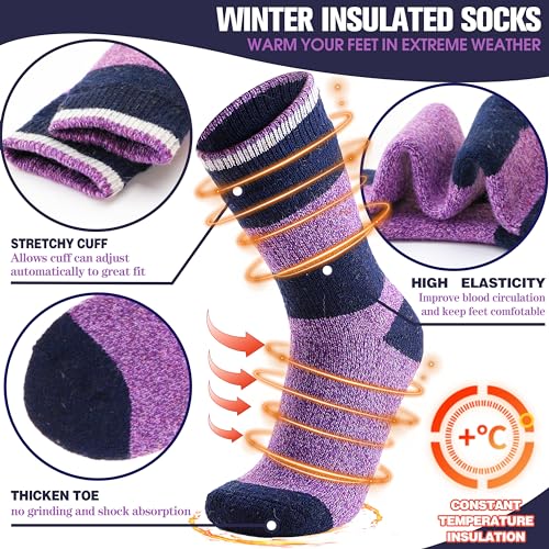 MOGGEI Heated Thermal Socks for Women Men Warm Winter Thick Insulated Ski Boot Gift Socks Stocking Stuffers for Women 3 Pairs(Purple Grey,M)