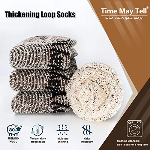 Time May Tell Mens Merino Wool Hiking Cushion Socks Thermal Warm Crew Winter Boot Socks Pack (Brown(3 pairs), US Size 9~13)