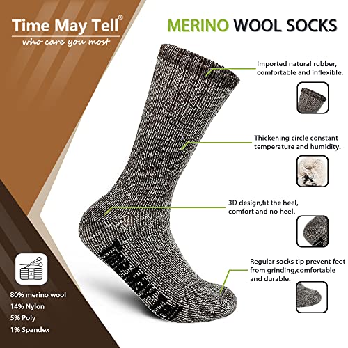 Time May Tell Mens Merino Wool Hiking Cushion Socks Thermal Warm Crew Winter Boot Socks Pack (Brown(3 pairs), US Size 9~13)
