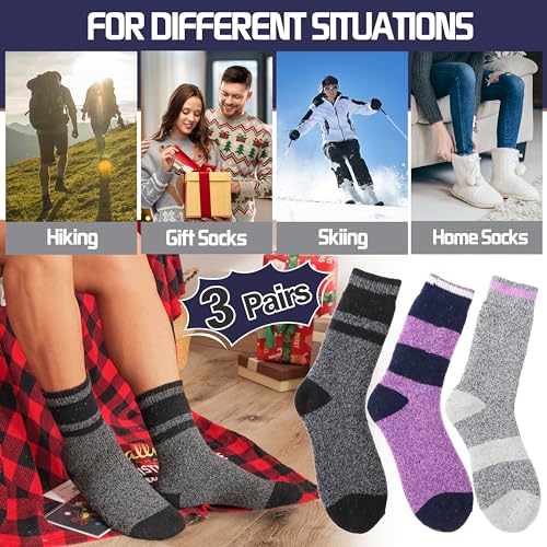 MOGGEI Heated Thermal Socks for Women Men Warm Winter Thick Insulated Ski Boot Gift Socks Stocking Stuffers for Women 3 Pairs(Purple Grey,M)