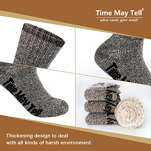 Time May Tell Mens Merino Wool Hiking Cushion Socks Thermal Warm Crew Winter Boot Socks Pack (Brown(3 pairs), US Size 9~13)