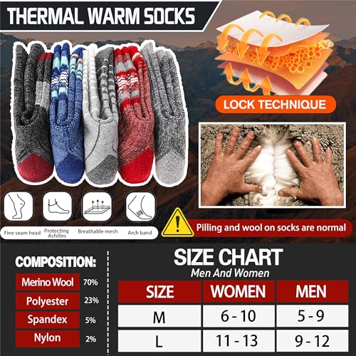 Merino Wool Socks for Women Men Thermal Winter Warm Hiking Thick Cozy Crew Boot Work Gift Socks Stocking Stuffers 5 Pairs(Mixed,M)