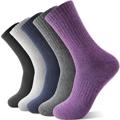 Merino Wool Socks for Women Hiking Warm Winter Thick Boot Thermal Cozy Crew Work Soft Ladies Socks Gift 5 Pack Stocking Stuffers( Purple/Blue/Black/Grey/Dull Grey)
