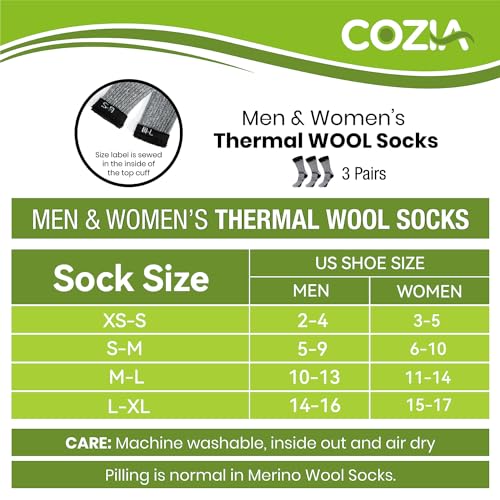 COZIA Merino Wool Socks for Men and Women Warm thermal Boot Hiking Socks 3 Pairs ML
