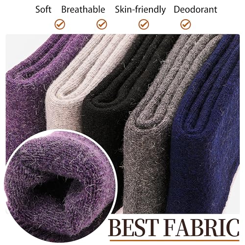 Merino Wool Socks for Women Hiking Warm Winter Thick Boot Thermal Cozy Crew Work Soft Ladies Socks Gift 5 Pack Stocking Stuffers（ Purple/Blue/Black/Grey/Dull Grey）