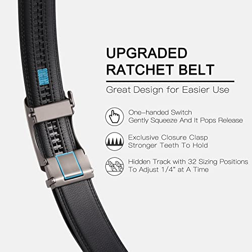 SENDEFN Men's Leather Belt Automatic Ratchet Buckle Slide Belt for Dress Casual Trim to Fit with Gift Box(A-black-31)