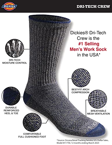 Dickies Men's Dri-Tech Legacy Moisture Control Crew Socks Multipack, Heathered Colors (6 Pairs), Large