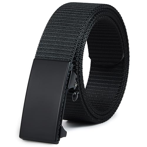 DENGFENGZHE Men's Ratchet Web Belts,Outdoors Hiking Tactical Belt for Men,Nylon No Holes Golf Belts with Automatic Buckle (A-Black, 32" to 38" Waist Adjustable)
