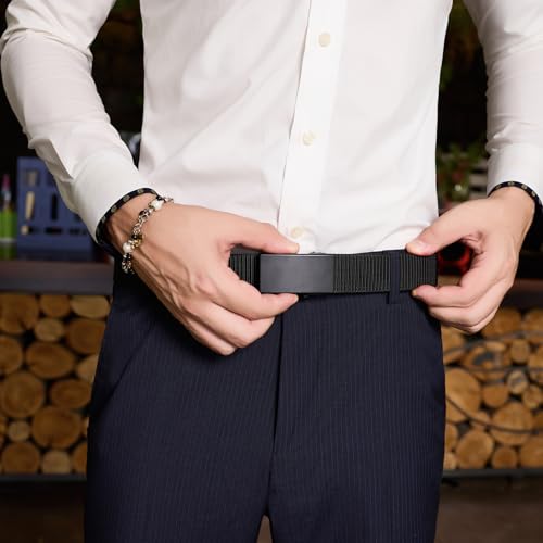 DENGFENGZHE Men's Ratchet Web Belts,Outdoors Hiking Tactical Belt for Men,Nylon No Holes Golf Belts with Automatic Buckle (A-Black, 32" to 38" Waist Adjustable)
