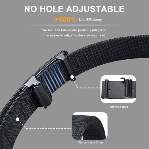 DENGFENGZHE Men's Ratchet Web Belts,Outdoors Hiking Tactical Belt for Men,Nylon No Holes Golf Belts with Automatic Buckle (A-Black, 32" to 38" Waist Adjustable)