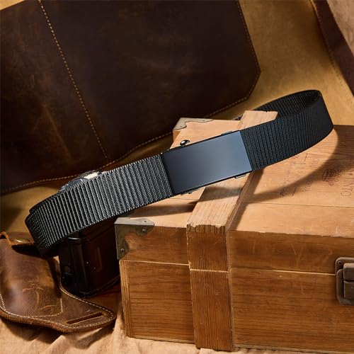 DENGFENGZHE Men's Ratchet Web Belts,Outdoors Hiking Tactical Belt for Men,Nylon No Holes Golf Belts with Automatic Buckle (A-Black, 32" to 38" Waist Adjustable)