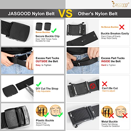 JASGOOD Nylon Military Tactical Men Belt 2 Pack Webbing Outdoor Web Belt With Plastic Buckle Snow Pants Belts, A-Black+Green Khaki, Fits Pant up to 40 Inch