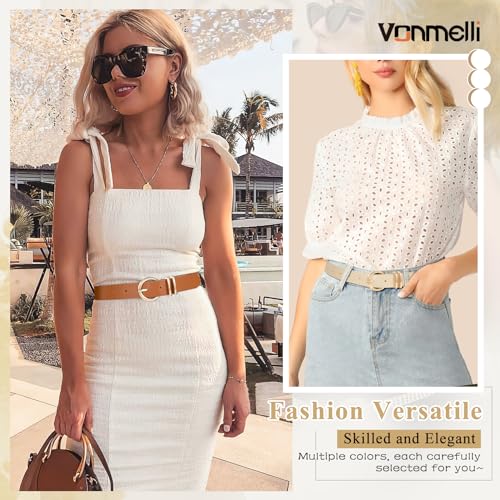 VONMELLI 3 Pack Women's Leather Belts for Jeans Dresses Ladies Waist Belt with Fashion Gold Buckle Black Beige Brown S