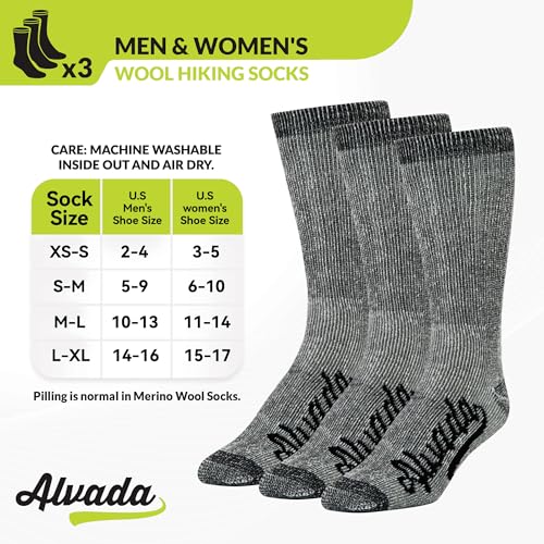 Alvada Merino Wool Hiking Socks Thermal Warm Crew Winter Boot Sock For Men Women 3 Pairs ML