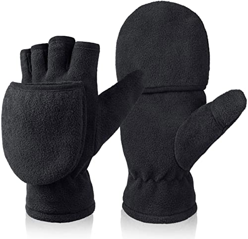 BESSTEVEN Winter Convertible Fingerless Gloves Windproof Warm Thermal Fleece for Men Women Fishing Jogging Hiking Photography - Black X Large