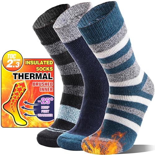 MOGGEI Heated Thermal Socks for Men Women Winter Warm Thick Insulated Ski Boot Work Cabin Socks Gifts Stocking Stuffers 3 Pairs(Blue Stripes,L)