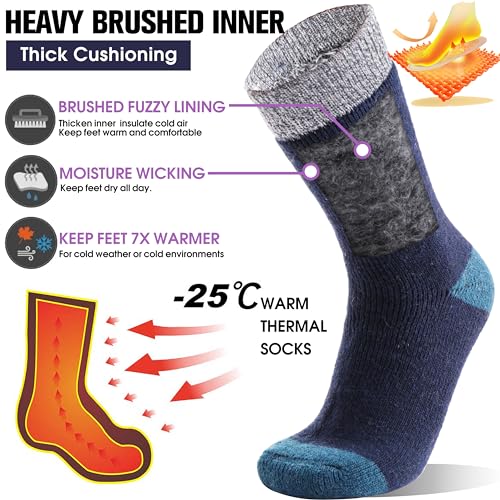 MOGGEI Heated Thermal Socks for Men Women Winter Warm Thick Insulated Ski Boot Work Cabin Socks Gifts Stocking Stuffers 3 Pairs(Blue Stripes,L)