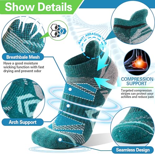 ANTSANG Merino Wool Ankle Hiking Socks Compression Warm Thermal Thick Athletic Cushion Winter Running No Show Moisture Wicking Socks Gifts Stocking Stuffers for Women Men 6 Pairs(Assorted,L)