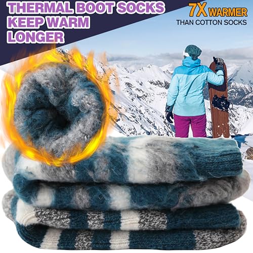 MOGGEI Heated Thermal Socks for Men Women Winter Warm Thick Insulated Ski Boot Work Cabin Socks Gifts Stocking Stuffers 3 Pairs(Blue Stripes,L)