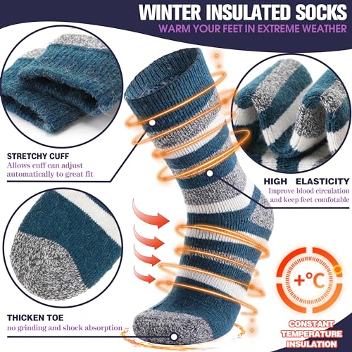 MOGGEI Heated Thermal Socks for Men Women Winter Warm Thick Insulated Ski Boot Work Cabin Socks Gifts Stocking Stuffers 3 Pairs(Blue Stripes,L)