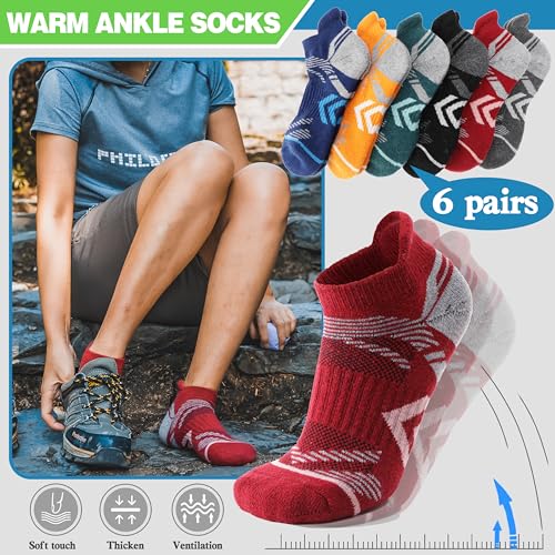 ANTSANG Merino Wool Ankle Hiking Socks Compression Warm Thermal Thick Athletic Cushion Winter Running No Show Moisture Wicking Socks Gifts Stocking Stuffers for Women Men 6 Pairs(Assorted,L)