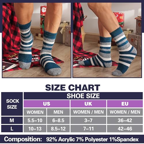 MOGGEI Heated Thermal Socks for Men Women Winter Warm Thick Insulated Ski Boot Work Cabin Socks Gifts Stocking Stuffers 3 Pairs(Blue Stripes,L)