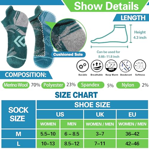 ANTSANG Merino Wool Ankle Hiking Socks Compression Warm Thermal Thick Athletic Cushion Winter Running No Show Moisture Wicking Socks Gifts Stocking Stuffers for Women Men 6 Pairs(Assorted,L)