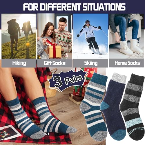MOGGEI Heated Thermal Socks for Men Women Winter Warm Thick Insulated Ski Boot Work Cabin Socks Gifts Stocking Stuffers 3 Pairs(Blue Stripes,L)