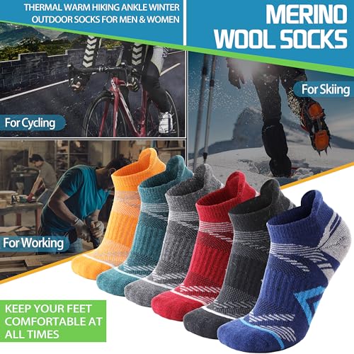 ANTSANG Merino Wool Ankle Hiking Socks Compression Warm Thermal Thick Athletic Cushion Winter Running No Show Moisture Wicking Socks Gifts Stocking Stuffers for Women Men 6 Pairs(Assorted,L)