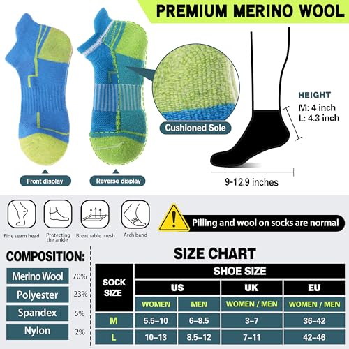 Welwoos Merino Wool Ankle Hiking Socks Thermal Warm Thick Winter Compression Support Running Cushion Athletic No Show Socks for Women Men Gifts Stocking Stuffers 6 Pairs(Mixed Color,M)