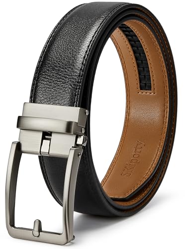 SKiporty Men's Ratchet Belts Leather Comfort Adjustable Click Belt With Slide Buckle for Men Casual Work Jeans Gifts Box