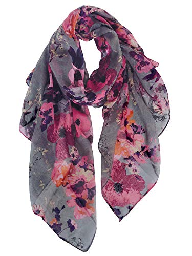 GERINLY Lightweight Scarves Fashion Flowers Print Shawl Wrap for Women Summer Floral Accessory Outfit (Purple Gray)