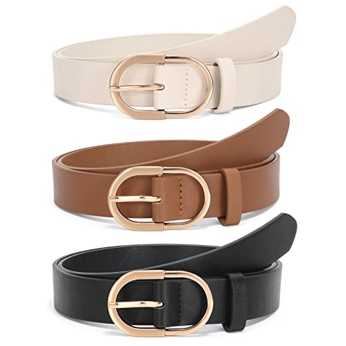 JASGOOD 3 Pack Women’s Leather Belts for Jeans Pants Fashion Ladies Belt with Gold Buckle D-Black+Brown+Beige,Fit Waist Size 25"-31"