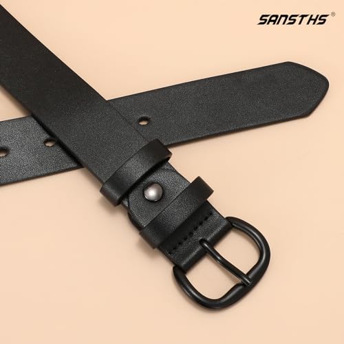 SANSTHS Women Leather Belt for Jeans Pants Dresses Black Ladies Waist Belt with Black Buckle, Black M