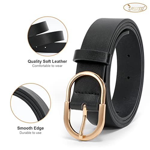 JASGOOD 3 Pack Women’s Leather Belts for Jeans Pants Fashion Ladies Belt with Gold Buckle D-Black+Brown+Beige，Fit Waist Size 25"-31"