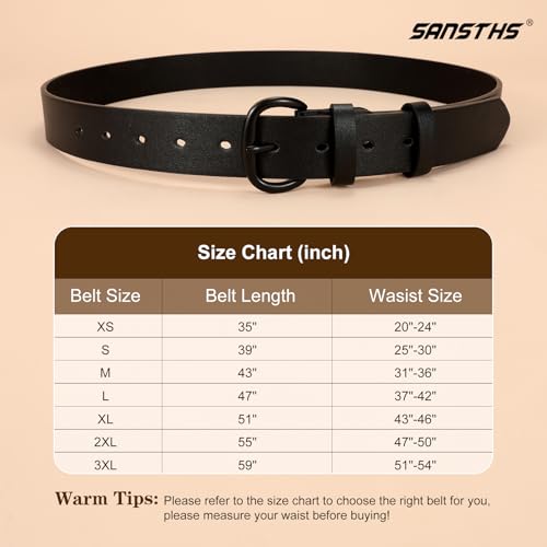 SANSTHS Women Leather Belt for Jeans Pants Dresses Black Ladies Waist Belt with Black Buckle, Black M