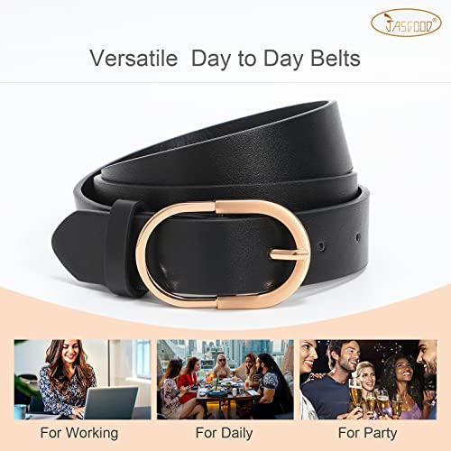 JASGOOD 3 Pack Women’s Leather Belts for Jeans Pants Fashion Ladies Belt with Gold Buckle D-Black+Brown+Beige，Fit Waist Size 25"-31"