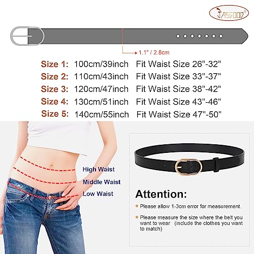 JASGOOD 3 Pack Women’s Leather Belts for Jeans Pants Fashion Ladies Belt with Gold Buckle D-Black+Brown+Beige，Fit Waist Size 25"-31"