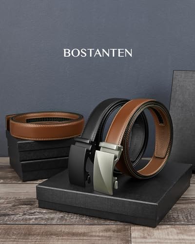 BOSTANTEN Mens Belt Leather 2 Pack Ratchet Belt For Men Dress and Casual with Adjustable Buckle, Trim to Fit